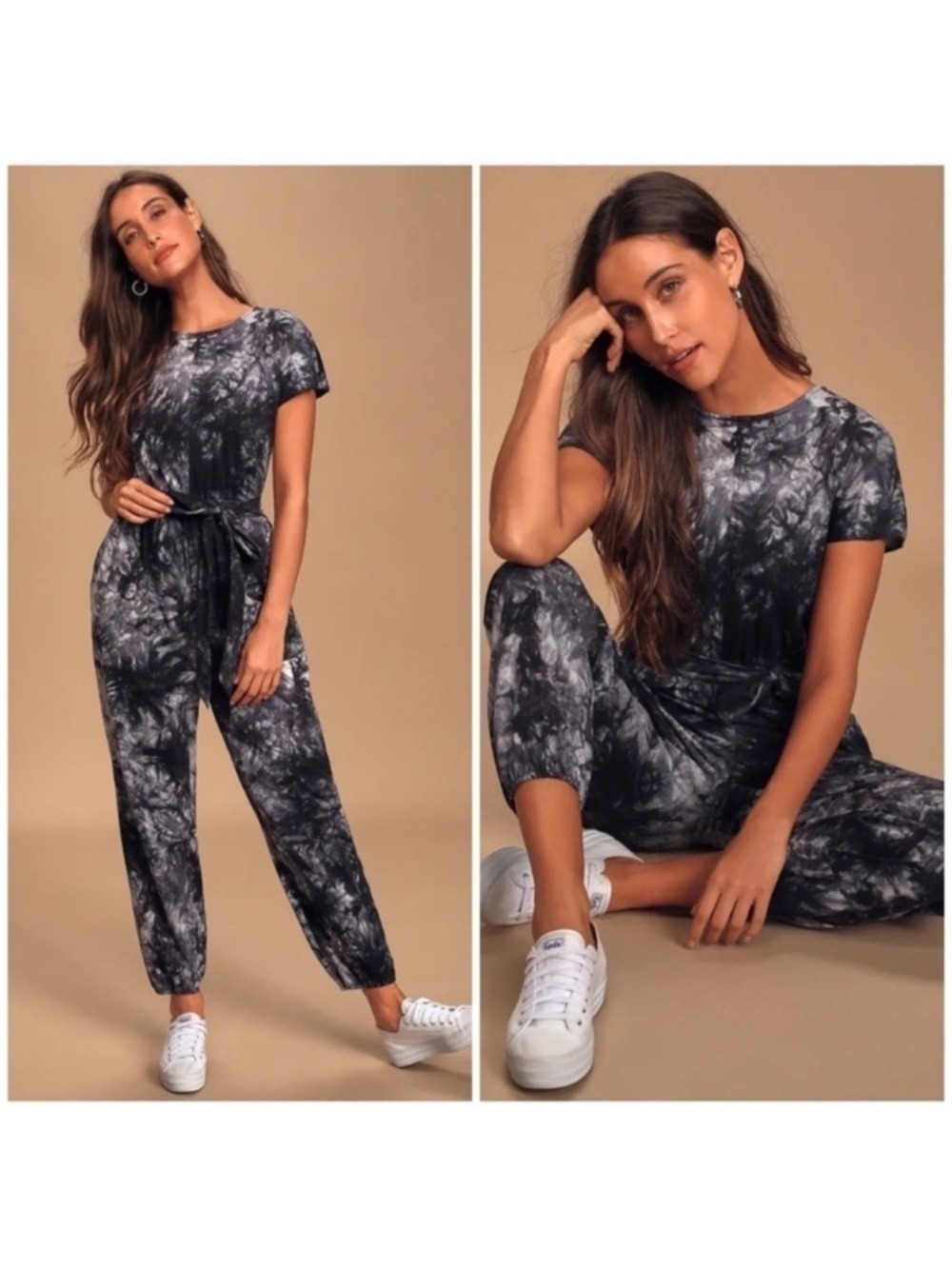 Lulu’s On A Road Trip Navy Blue Tie-Dye Short Sleeve Jumpsuit